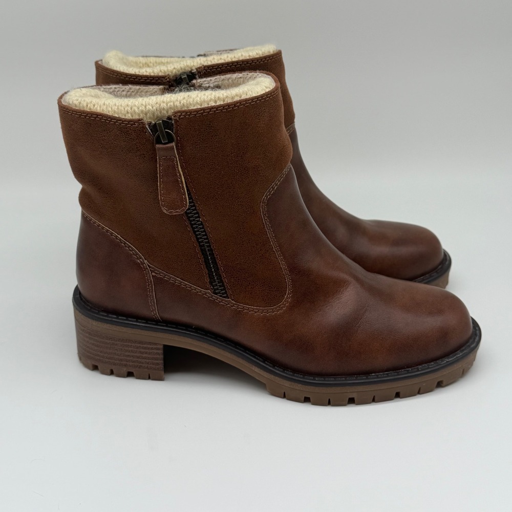 Sporto Womens Brown Ankle Boots Knit Collar Side Zip Lug Sole Block Heel Booties - Picture 2 of 7